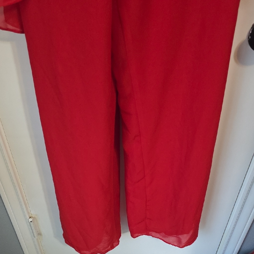 Nwot One-Shoulder Red Wide-Leg Jumpsuit with Sheer Draped Sleeve - Picture 5 of 11